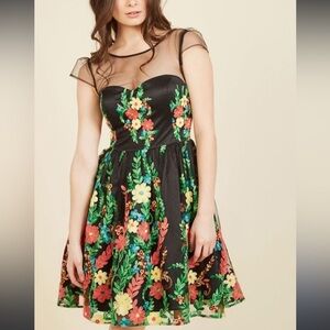 Mod Cloth Expressive Floral Embroidered Fit and Flare Dress
